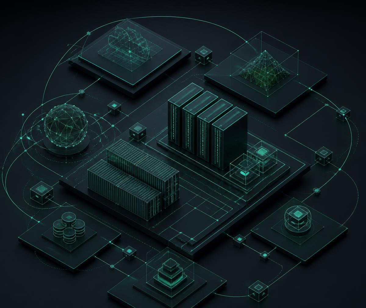 Isometric infrastructure architecture with containers, servers, databases and connected services